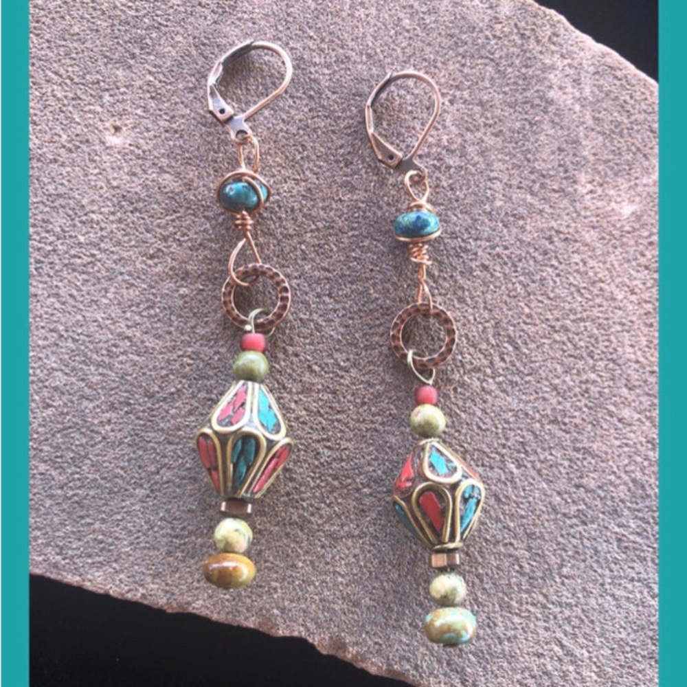 Handmade TURQUOISE, CORAL AND COPPER BALI DROP EARRINGS